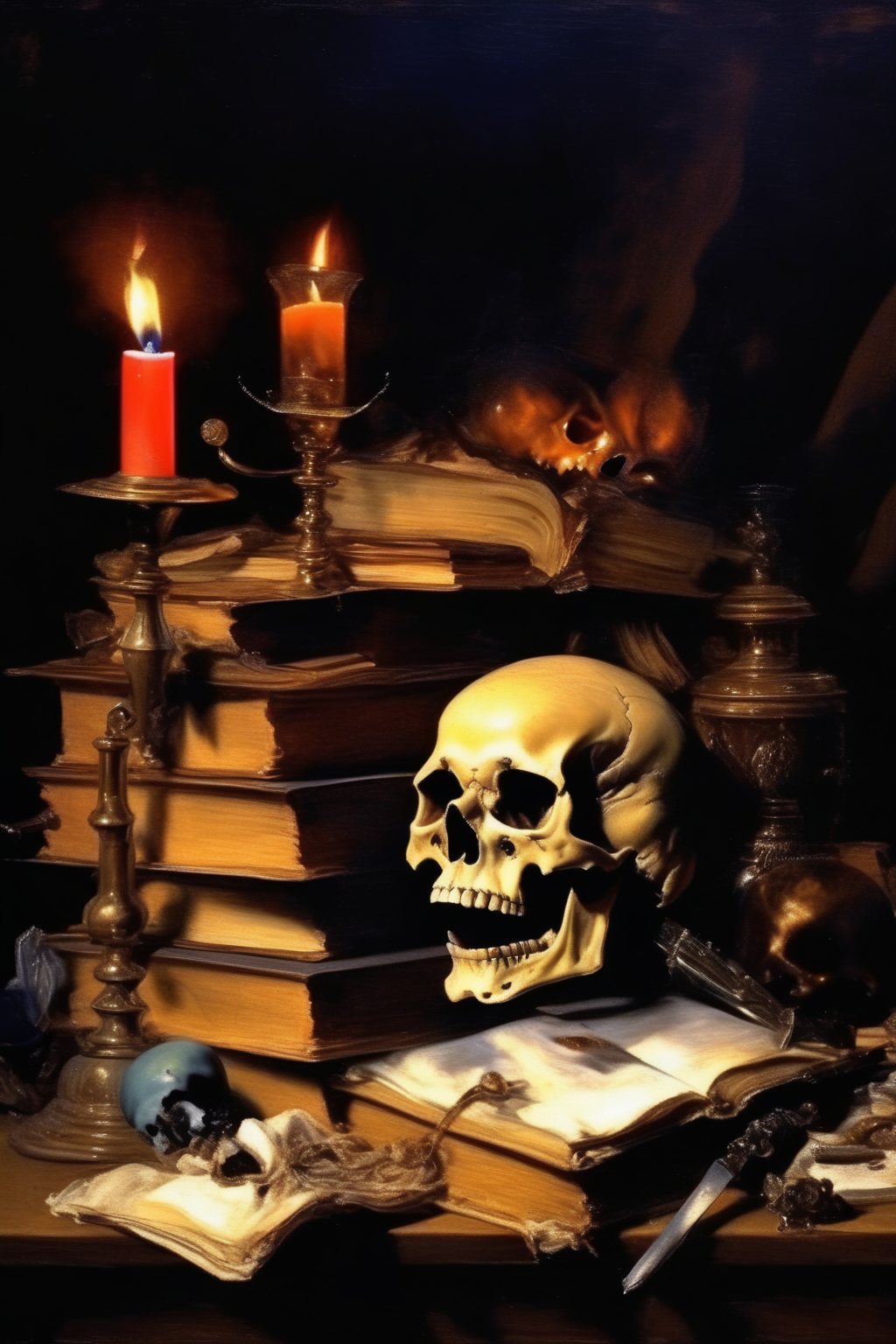 00040-3713141480-_lora_Pieter Claesz Style_1_Pieter Claesz Style - a still life with a skull, a burning candle, stacks of books and other trinket.png